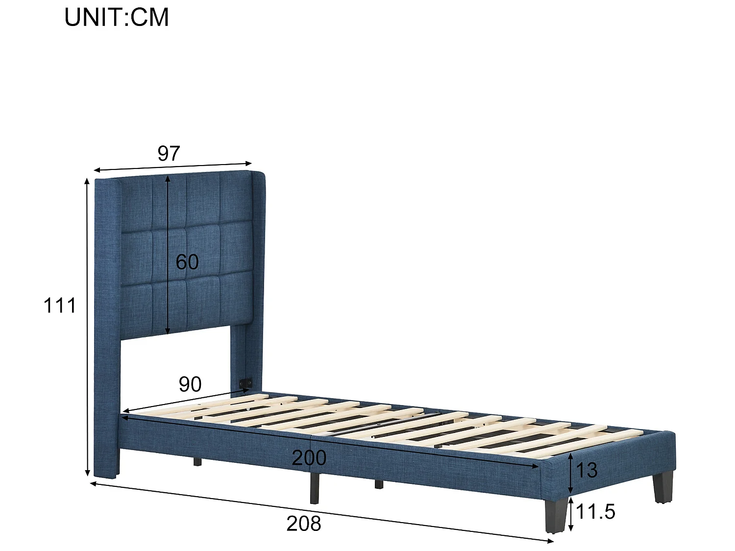 Lit adulte Lit capitonné design moderne, lit simple 90x200cm, lin Bleu - Sweiko