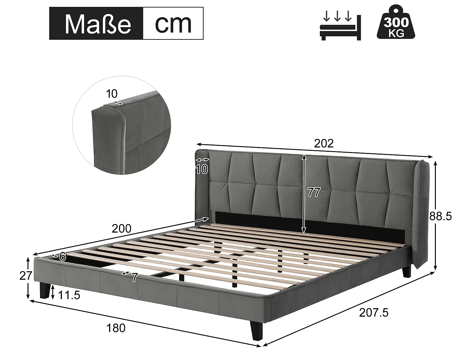 Lit adulte Lit rembourré 180 x 200 - velours, gris - Sweiko