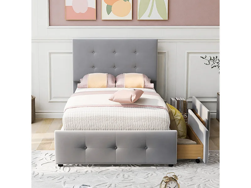 Lit avec tiroirs - 90x200 cm, lit simple Gris (matelas non inclus) - Sweiko