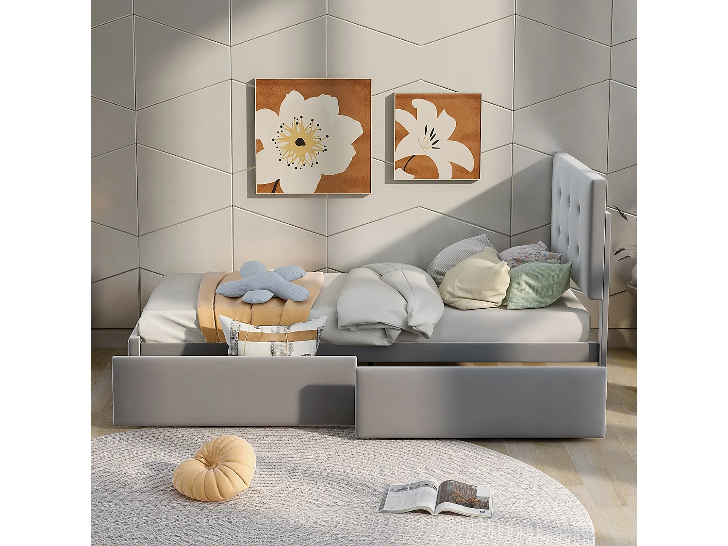 Lit avec tiroirs - 90x200 cm, lit simple Gris (matelas non inclus) - Sweiko