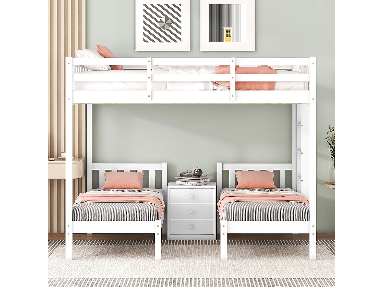 Lit cabane avec sommier à lattes - 90x200cm - Avec bureau et escalier - blanc - Sweiko