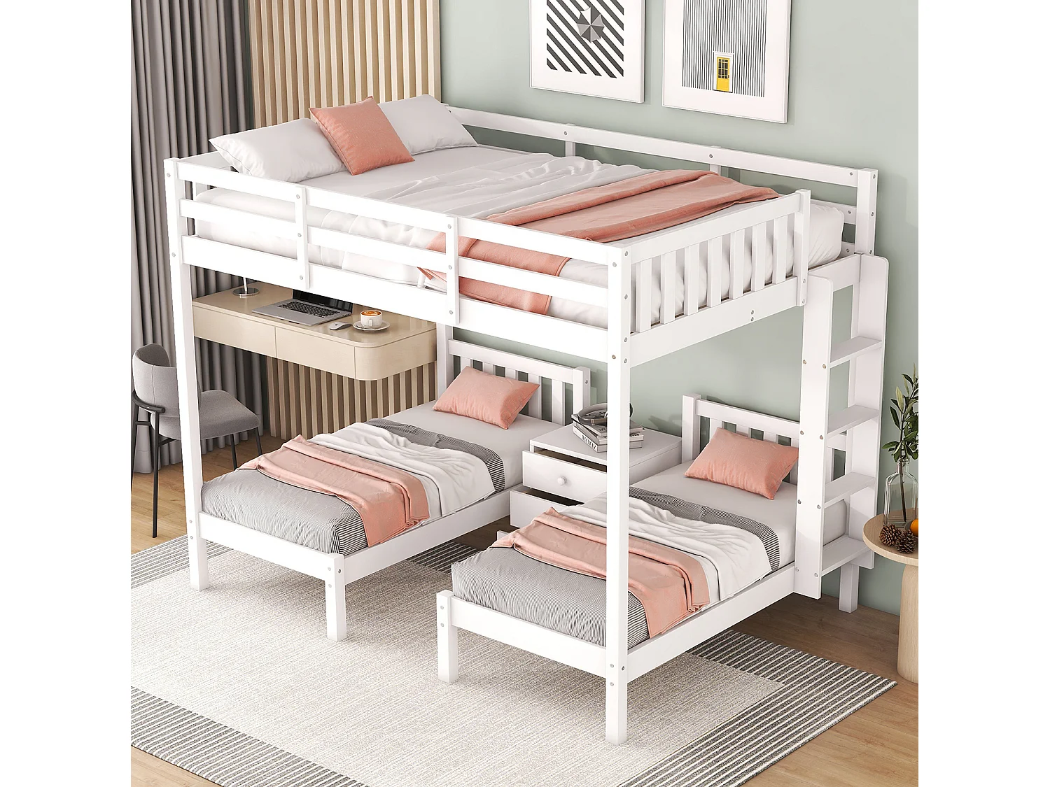 Lit cabane avec sommier à lattes - 90x200cm - Avec bureau et escalier - blanc - Sweiko