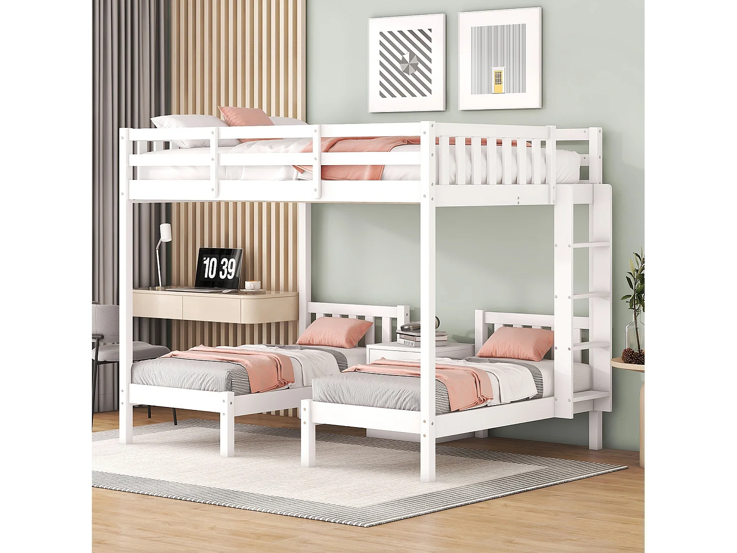 Lit cabane avec sommier à lattes - 90x200cm - Avec bureau et escalier - blanc - Sweiko