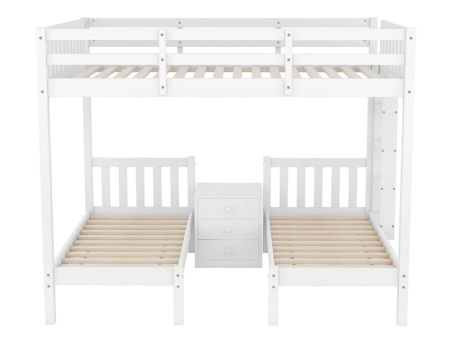 Lit cabane avec sommier à lattes - 90x200cm - Avec bureau et escalier - blanc - Sweiko