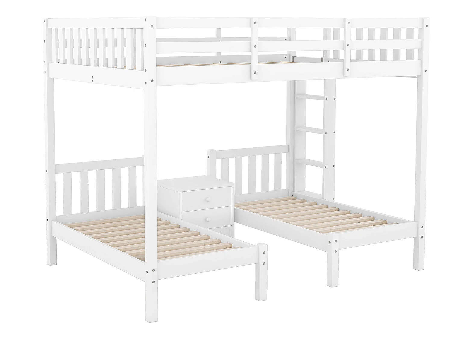 Lit cabane avec sommier à lattes - 90x200cm - Avec bureau et escalier - blanc - Sweiko