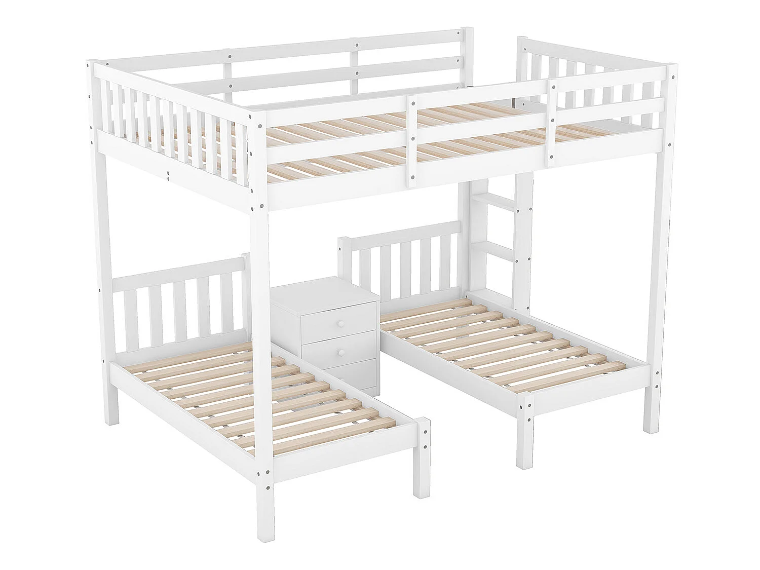 Lit cabane avec sommier à lattes - 90x200cm - Avec bureau et escalier - blanc - Sweiko