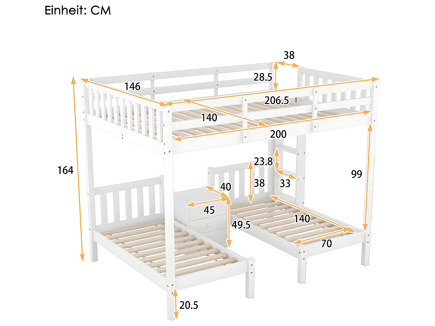 Lit cabane avec sommier à lattes - 90x200cm - Avec bureau et escalier - blanc - Sweiko