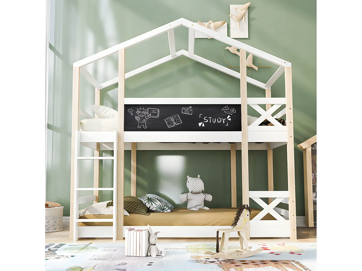 Lit en mezzanine - échelle - 90x200cm - pin massif - Blanc - Sweiko