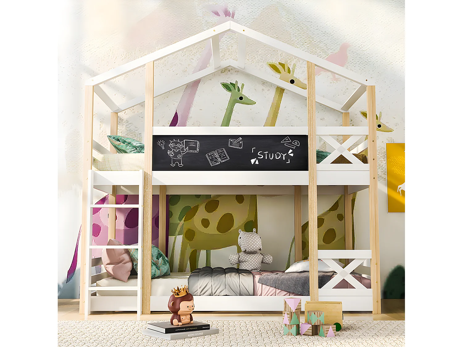 Lit en mezzanine - échelle - 90x200cm - pin massif - Blanc - Sweiko