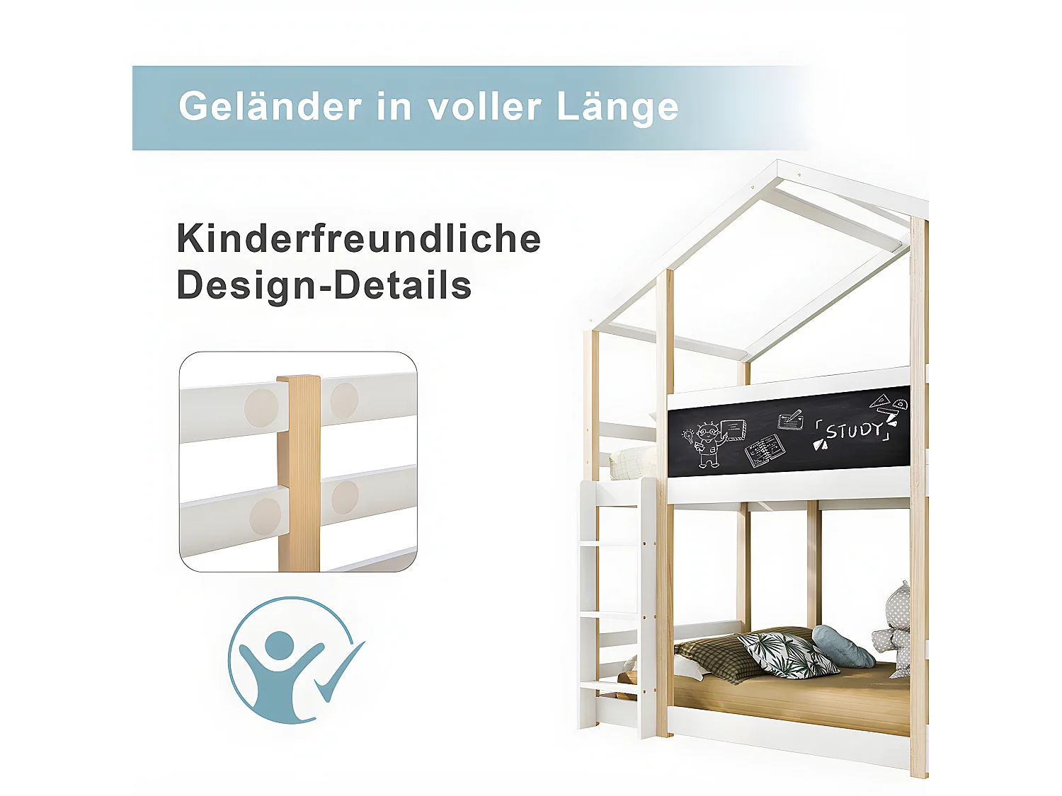 Lit en mezzanine - échelle - 90x200cm - pin massif - Blanc - Sweiko