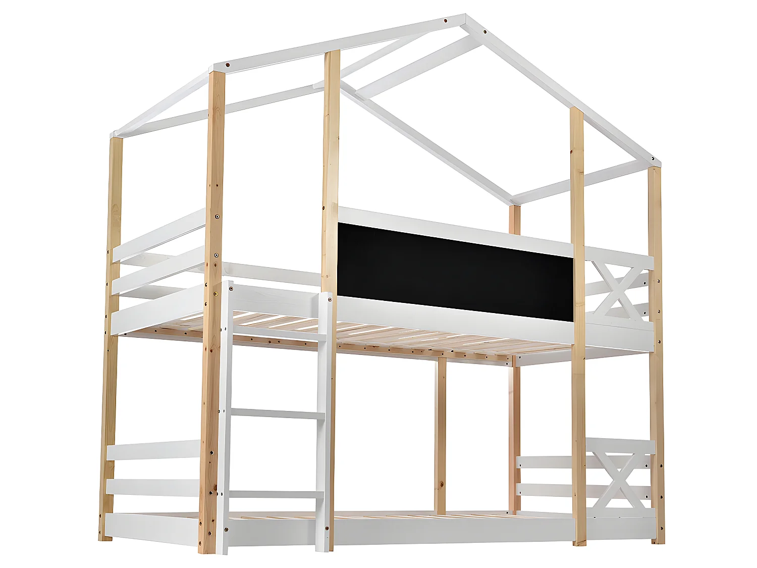 Lit en mezzanine - échelle - 90x200cm - pin massif - Blanc - Sweiko