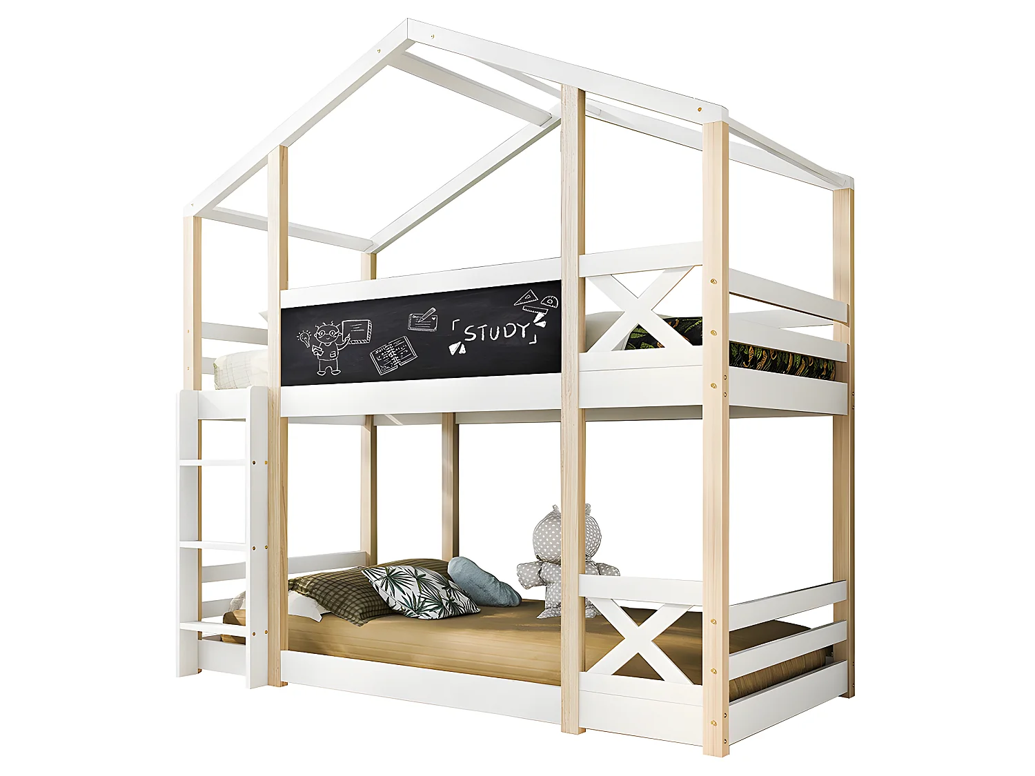Lit en mezzanine - échelle - 90x200cm - pin massif - Blanc - Sweiko