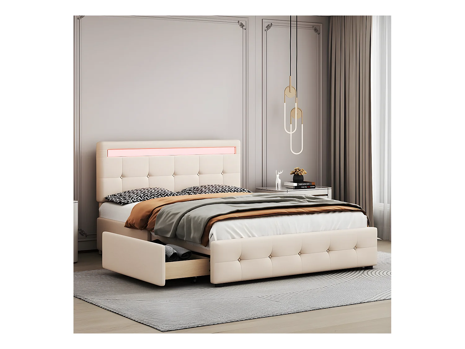 Lit avec tiroirs - 140 x 200 cm avec LED, beige (sans matelas) - Sweiko