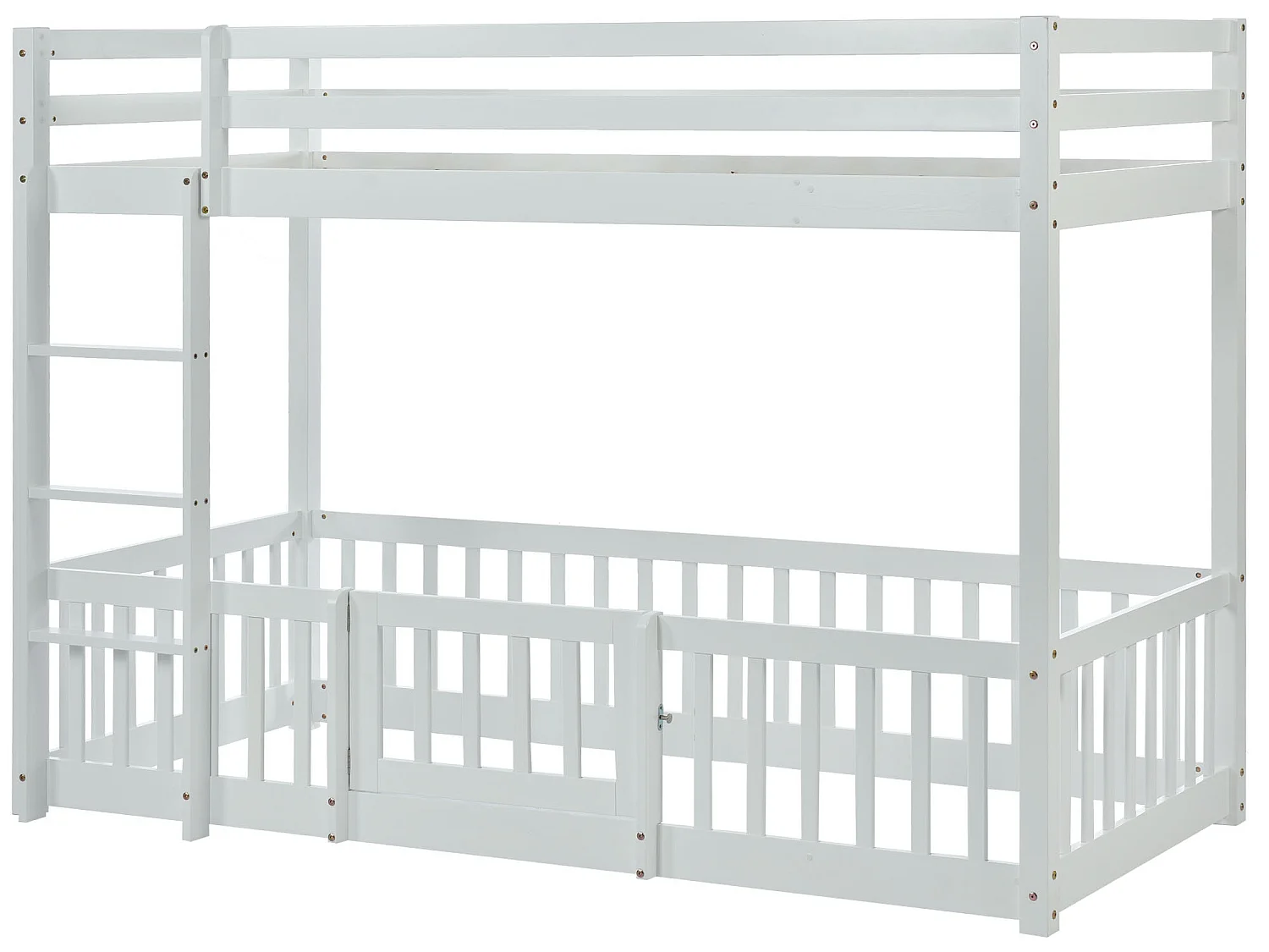 Lit superposé cabane en bois - échelle - sommier à lattes - 90x200cm - blanc - Sweiko