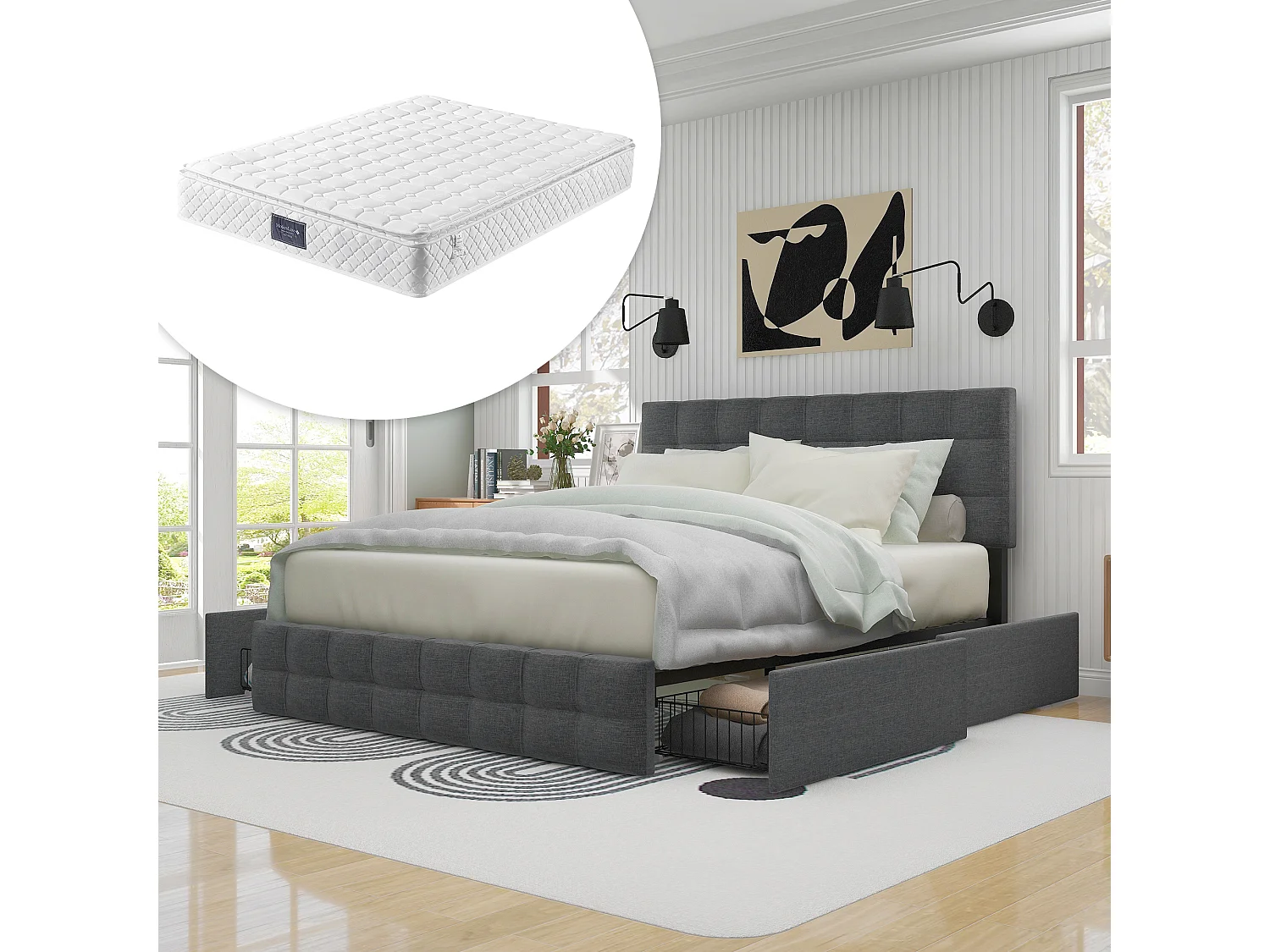 Lit avec 4 tiroirs Lit de rangement - gris 140x200 cm - Sweiko