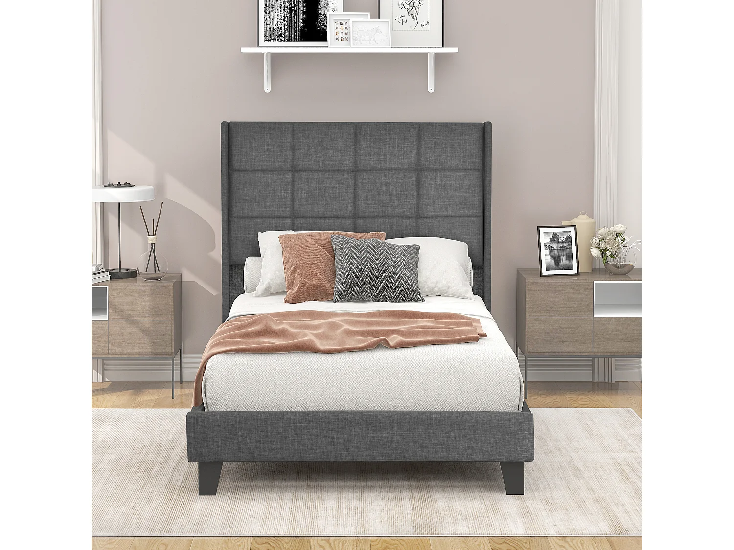 Lit adulte Lit capitonné design moderne, lit simple 90x200cm, lin Gris - Sweiko