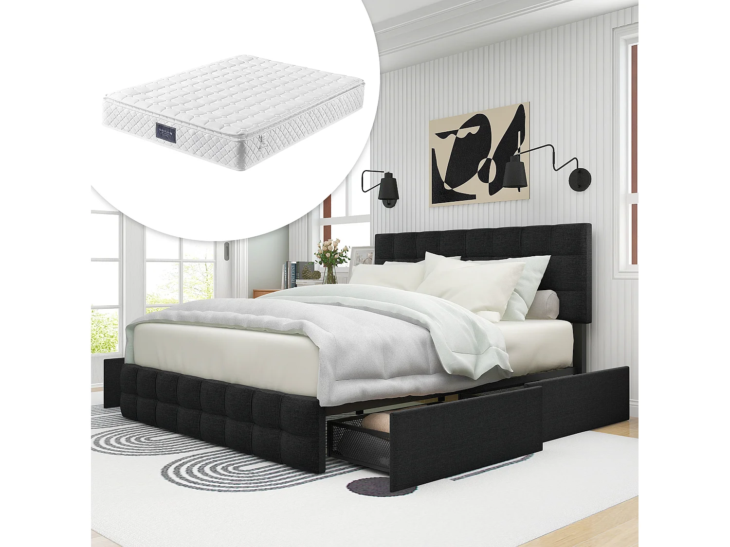 Lit tapissé avec 4 tiroirs et matelas à ressorts, noir 140x200 cm - Sweiko