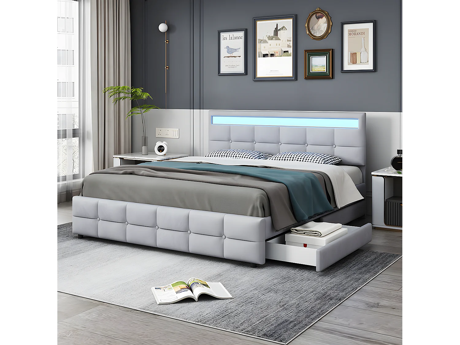 Lit avec tiroirs 180 x 200 cm, Lit double avec 4 tiroirs - Gris velours - Sweiko