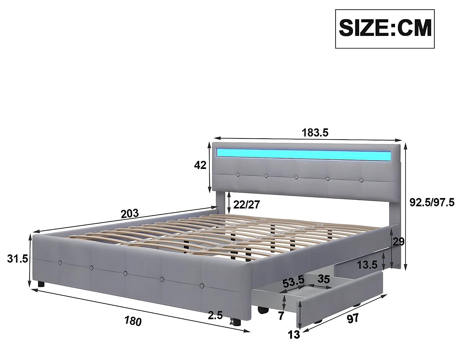 Lit avec tiroirs 180 x 200 cm, Lit double avec 4 tiroirs - Gris velours - Sweiko