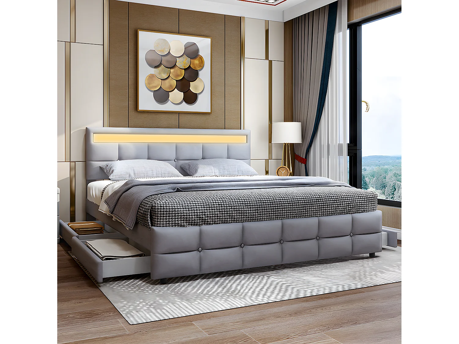 Lit avec tiroirs 180 x 200 cm, Lit double avec 4 tiroirs - Gris velours - Sweiko