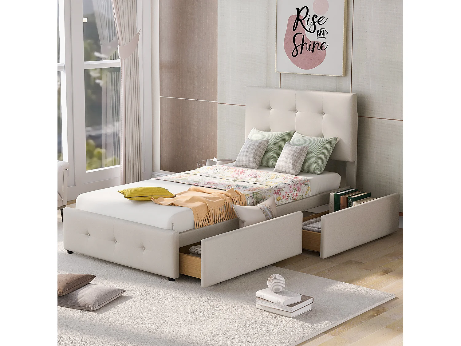Lit avec tiroirs Cadre de lit - velours 90x200 cm Beige - Sweiko