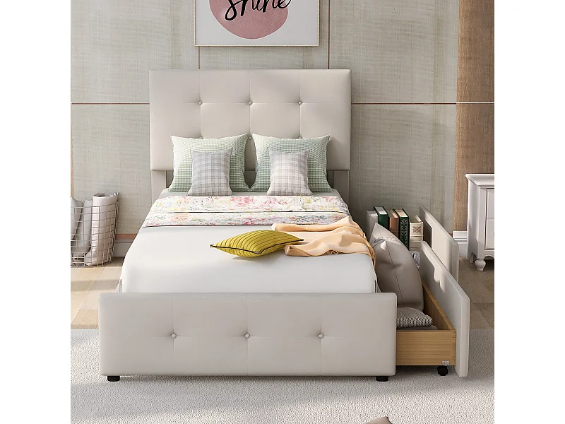 Lit avec tiroirs Cadre de lit - velours 90x200 cm Beige - Sweiko