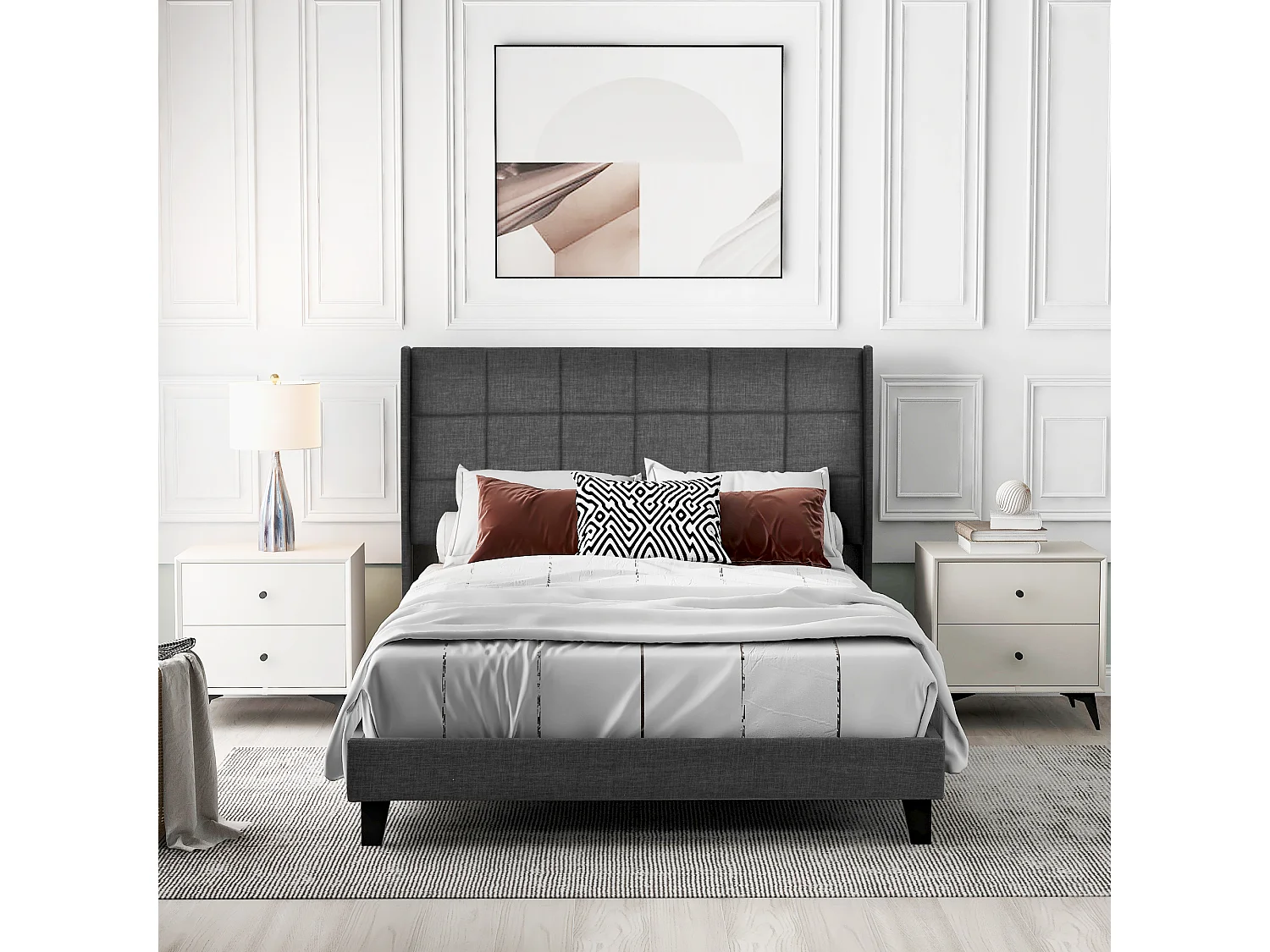 Lit adulte Lit capitonné design moderne, lit double 140x200cm, lin Gris - Sweiko