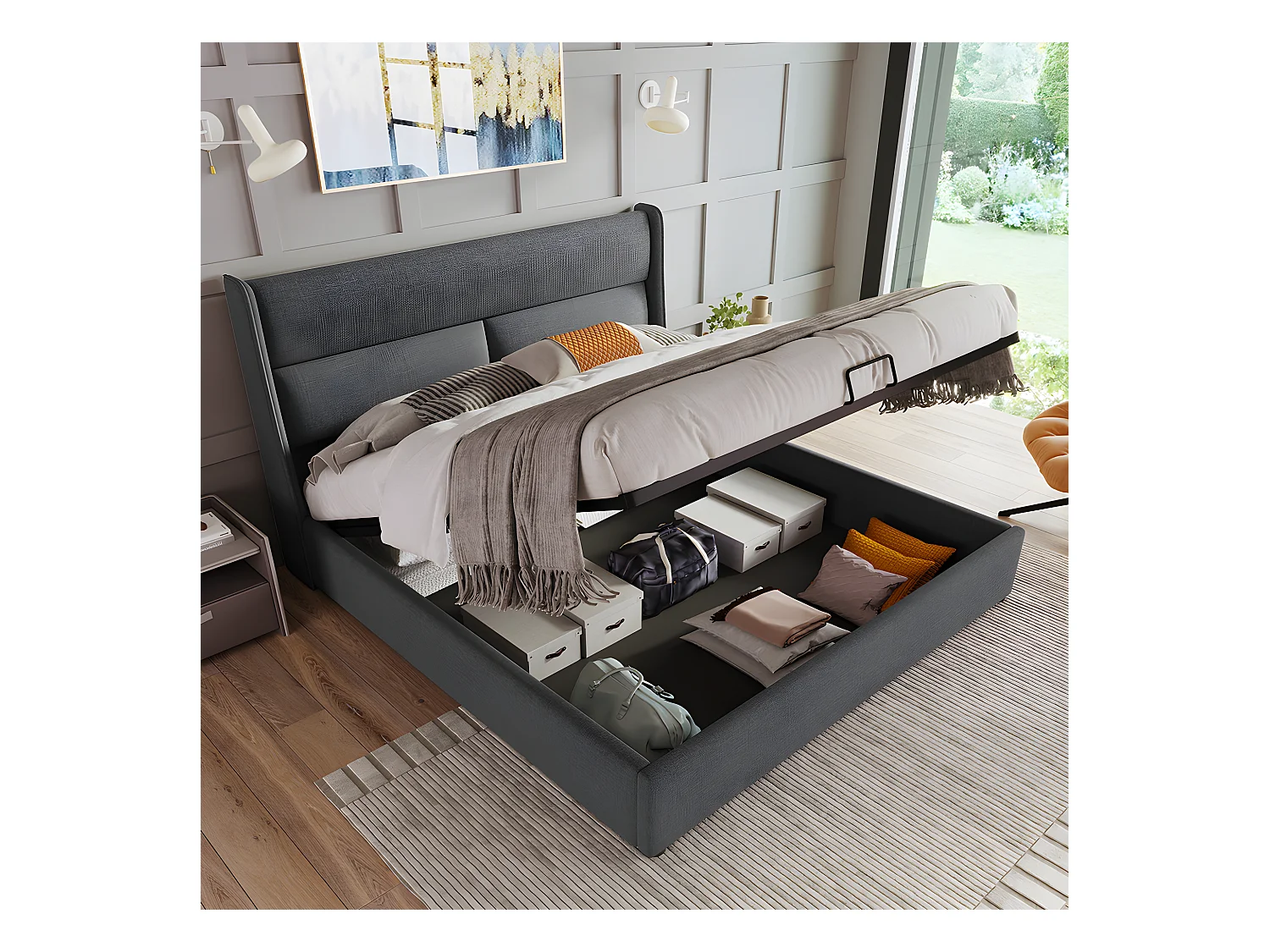 Lit double avec tête de lit rangements et tiroirs - 140 x 200 cm - Gris - Sweiko