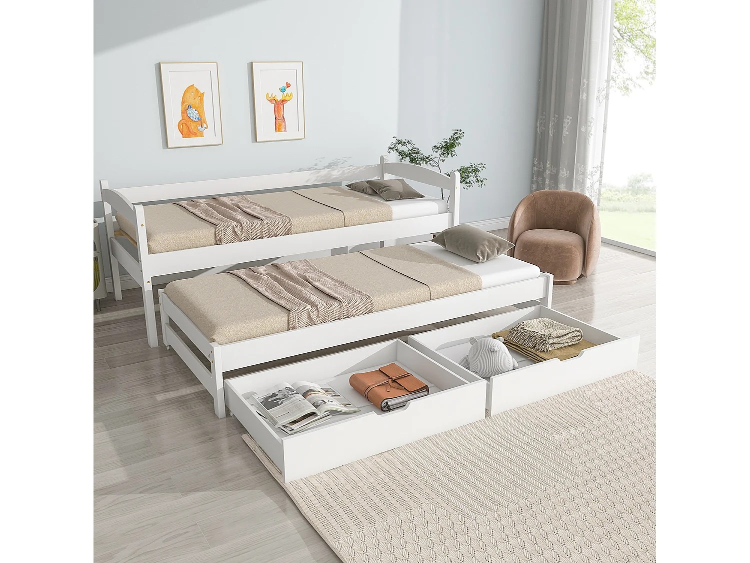 Lit gigogne avec 2 tiroirs - sommier à lattes - 140x200cm - blanc - Sweiko