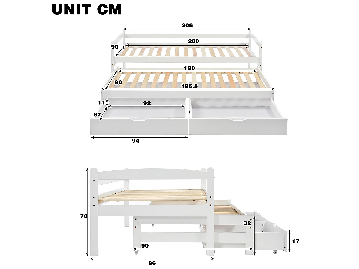 Lit gigogne avec 2 tiroirs - sommier à lattes - 140x200cm - blanc - Sweiko