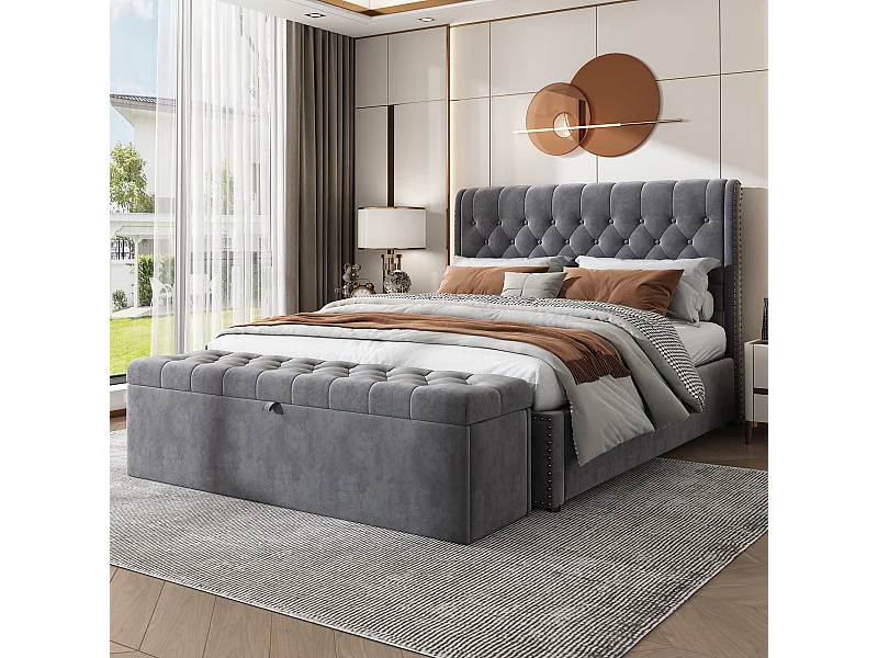 Tabouret de lit Banc rembourré Banc avec espace de rangement Velours gris