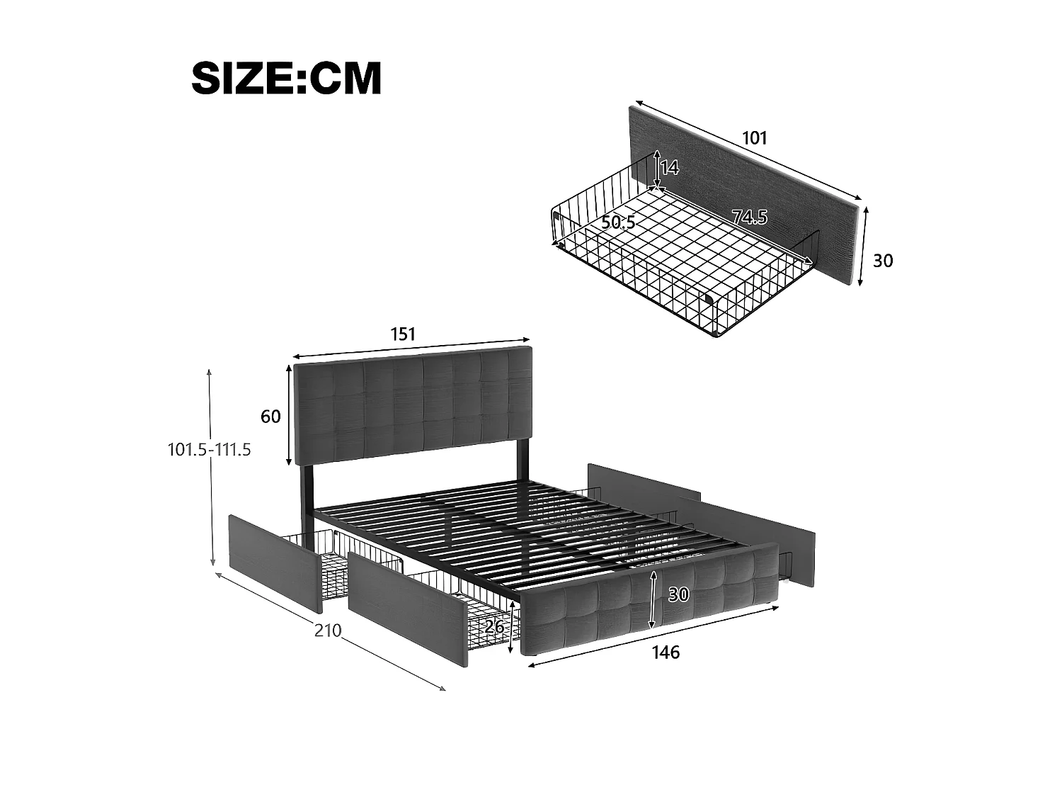 Lit avec avec 4 tiroirs Lit de rangement - gris 140x200 cm (sans matelas) - Sweiko