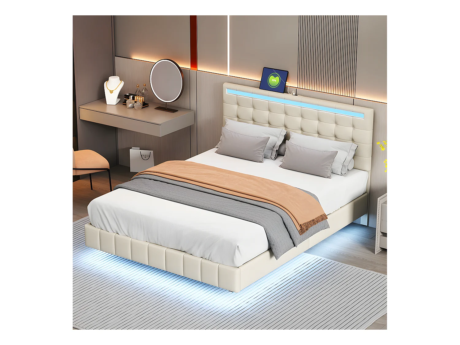 Lit LED avec tête de lit - 140 x 200 cm - Beige- Sweiko