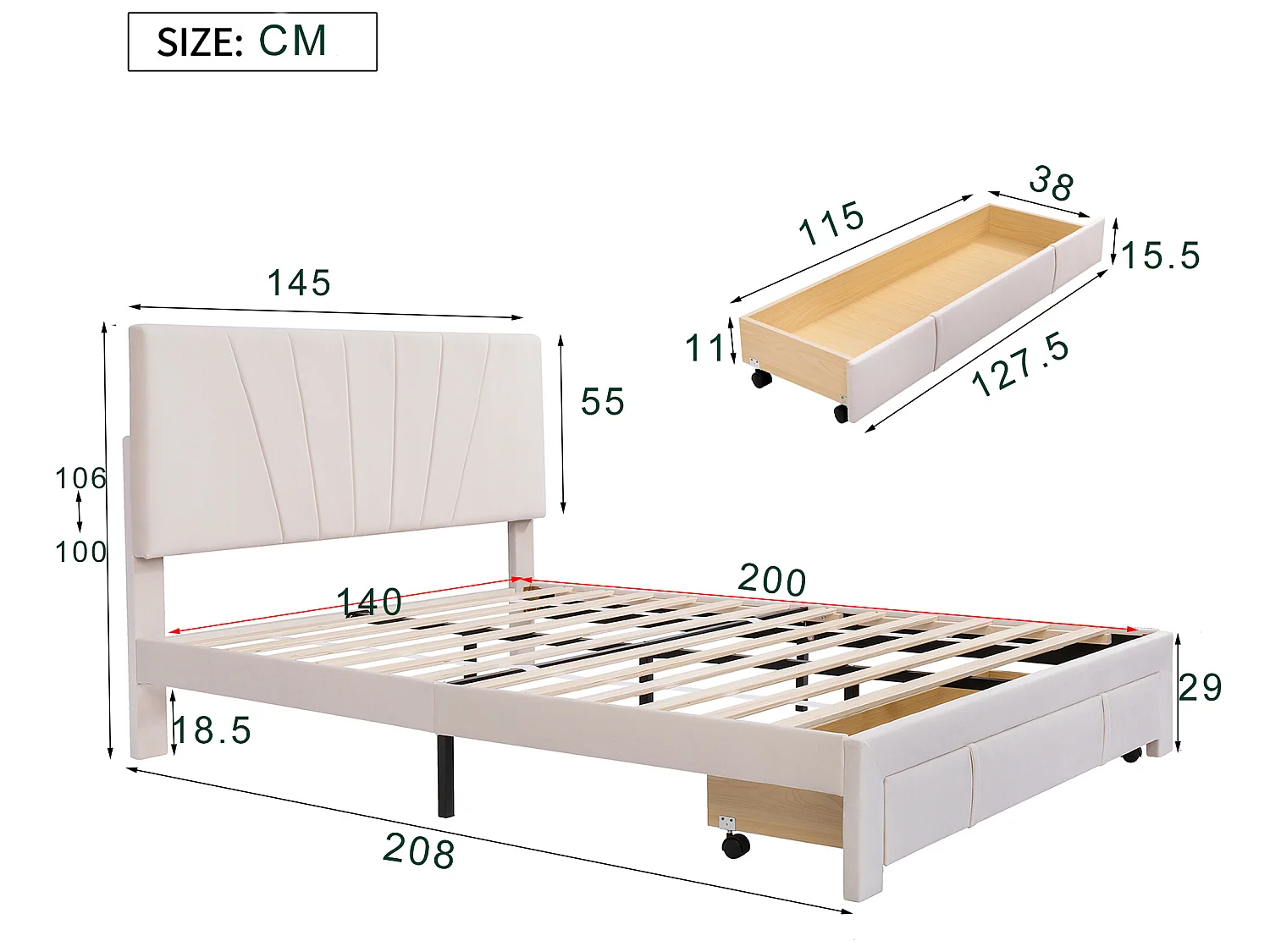 Lit avec tiroirs Lit double rembourré 140 x 200 cm - Blanc cassé sans matelas - Sweiko