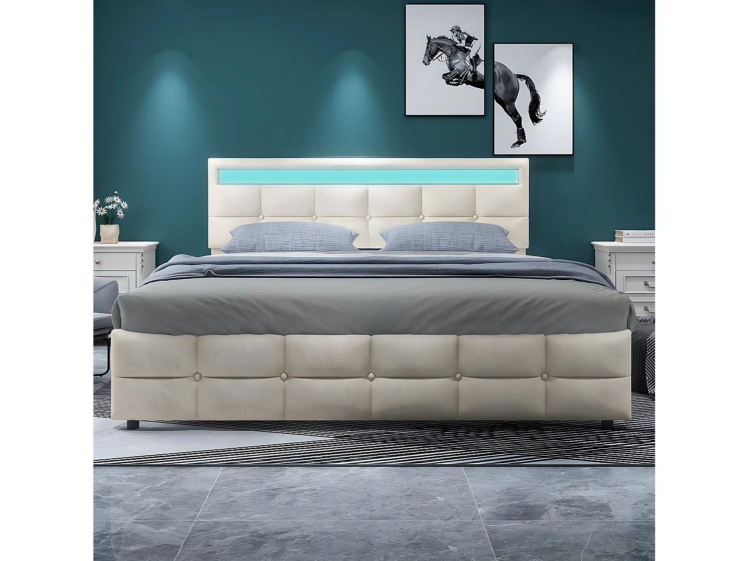 Lit LED avec tête de lit rangements et 4 tiroirs - 180 x 190 cm - Beige - Sweiko