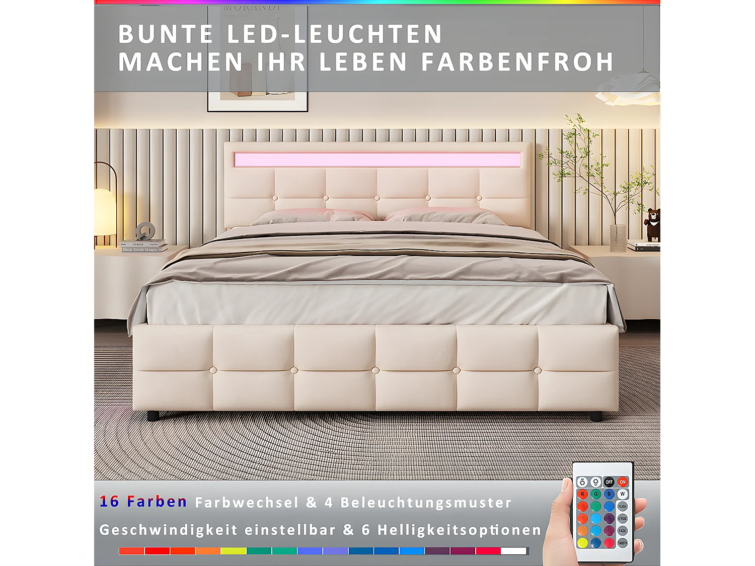 Lit LED avec tête de lit rangements et 4 tiroirs - 180 x 190 cm - Beige - Sweiko