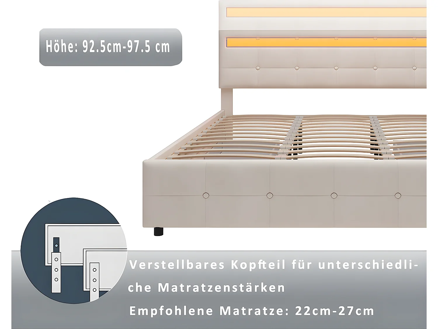 Lit LED avec tête de lit rangements et 4 tiroirs - 180 x 190 cm - Beige - Sweiko