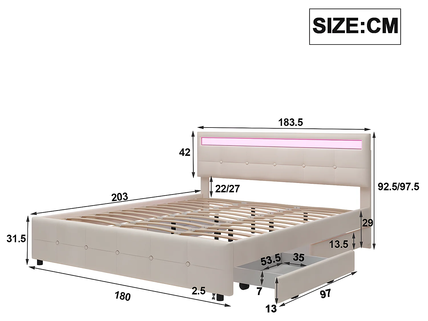 Lit LED avec tête de lit rangements et 4 tiroirs - 180 x 190 cm - Beige - Sweiko