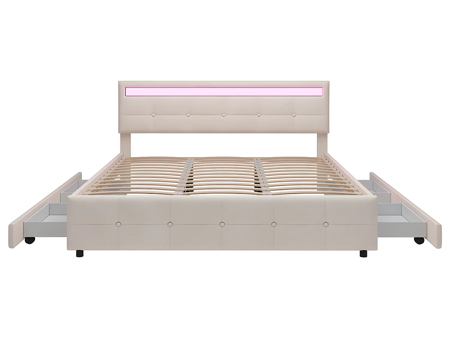 Lit LED avec tête de lit rangements et 4 tiroirs - 180 x 190 cm - Beige - Sweiko