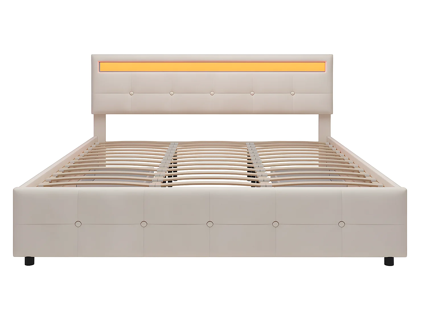 Lit LED avec tête de lit rangements et 4 tiroirs - 180 x 190 cm - Beige - Sweiko