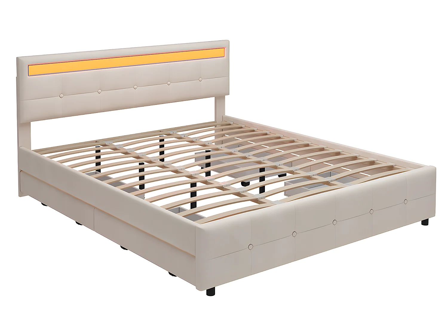 Lit LED avec tête de lit rangements et 4 tiroirs - 180 x 190 cm - Beige - Sweiko