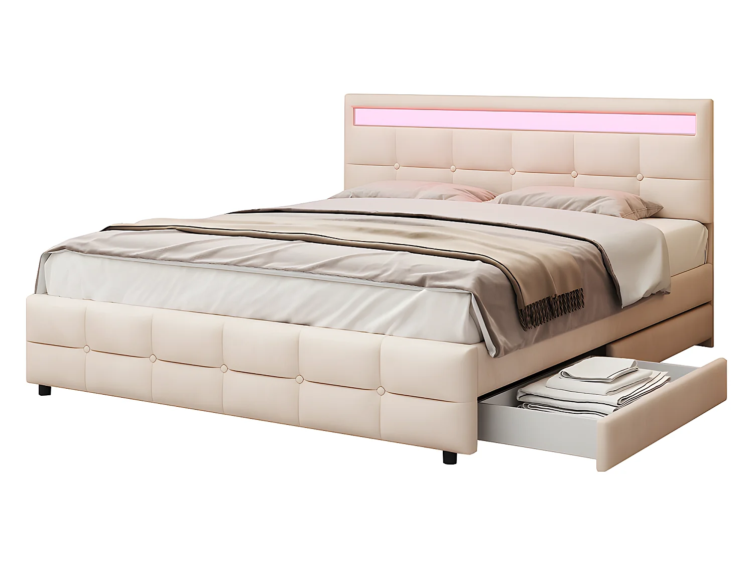 Lit LED avec tête de lit rangements et 4 tiroirs - 180 x 190 cm - Beige - Sweiko