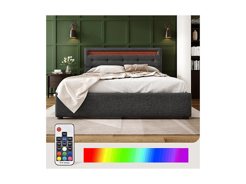 Lit avec tiroirs - 140x200cm avec éclairage LED et 4 tiroirs Gris (sans matelas) - Sweiko