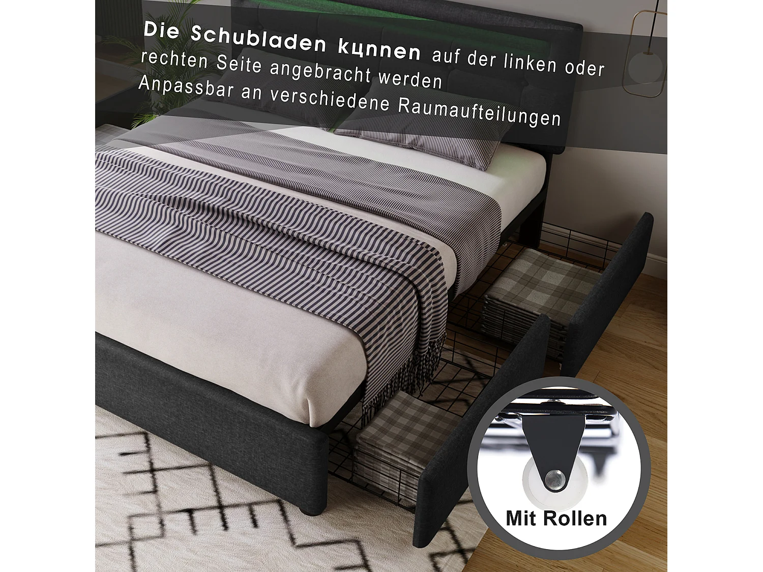 Lit avec tiroirs - 140x200cm avec éclairage LED et 4 tiroirs Gris (sans matelas) - Sweiko