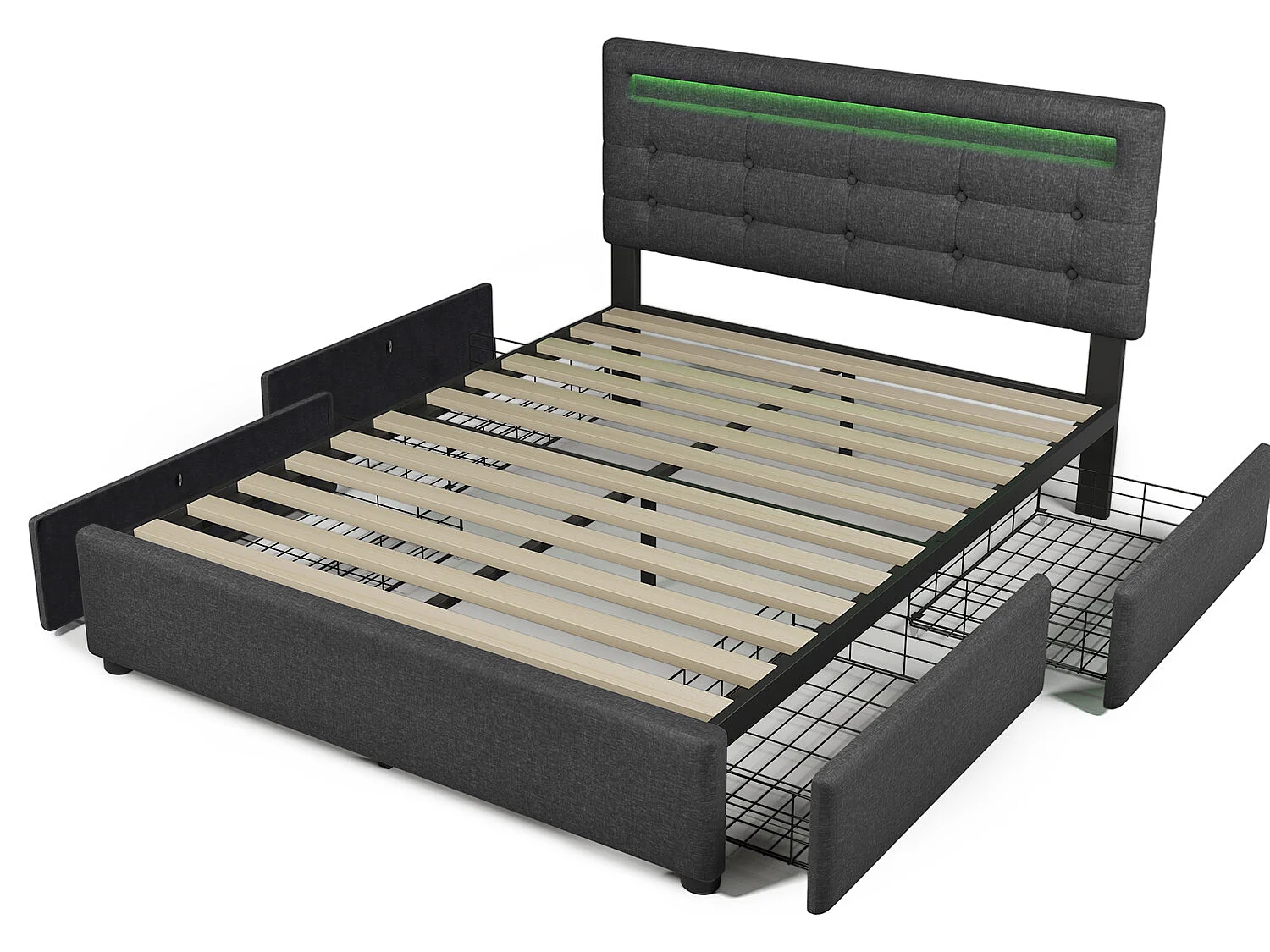 Lit avec tiroirs - 140x200cm avec éclairage LED et 4 tiroirs Gris (sans matelas) - Sweiko