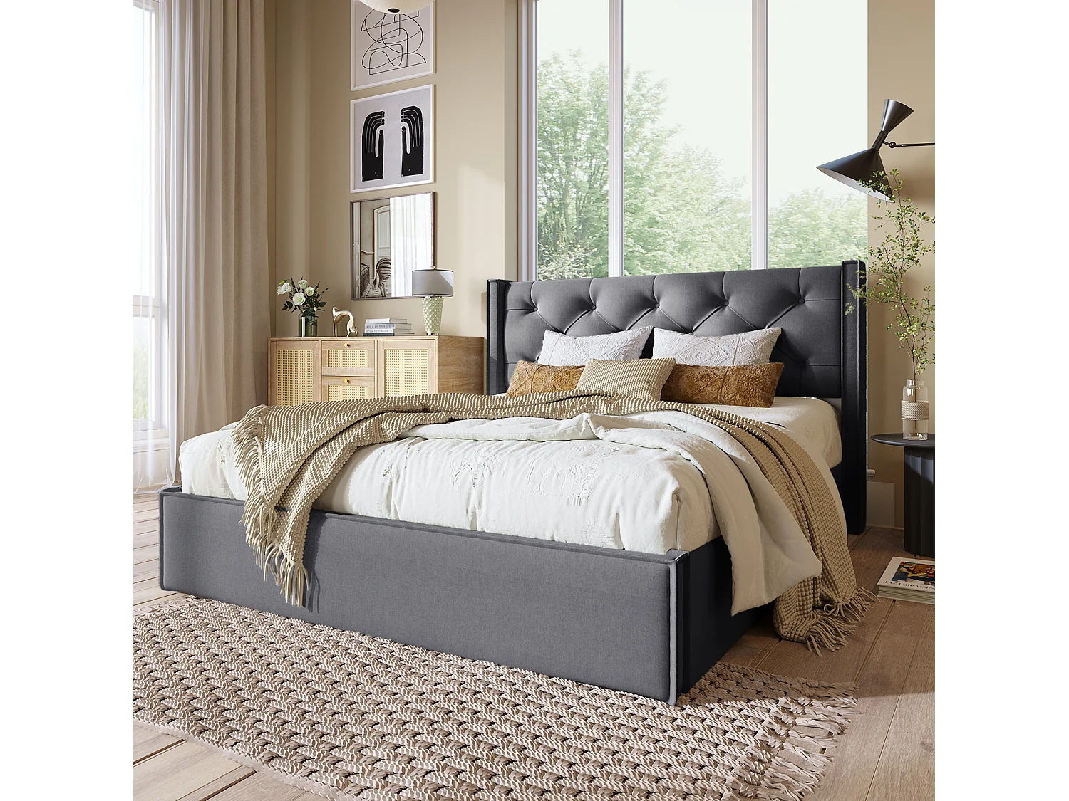 Lit avec tête de lit rangements - 160 x 200 cm - cadre métallique - Gris - Sweiko