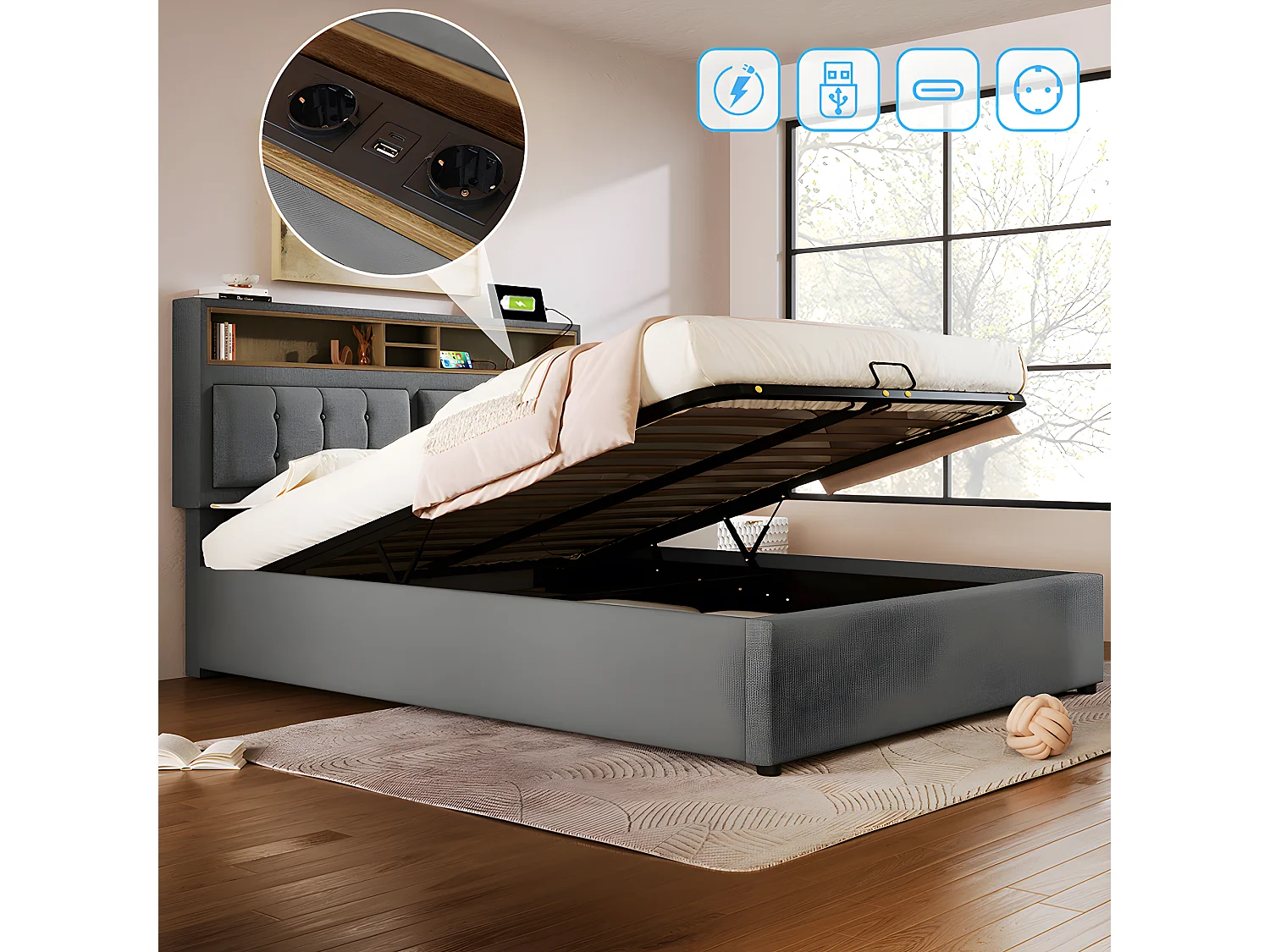 Lit avec chevets - 140 x 200 cm - avec Prise USB - Gris - Sweiko