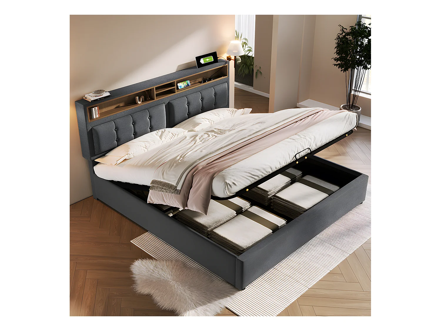Lit avec chevets - 140 x 200 cm - avec Prise USB - Gris - Sweiko