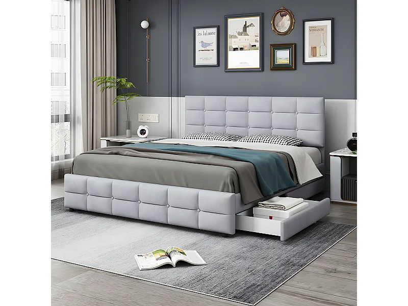 Lit avec tiroirs - 180 x 200 cm, Lit double avec 4 tiroirs - Gris - Sweiko