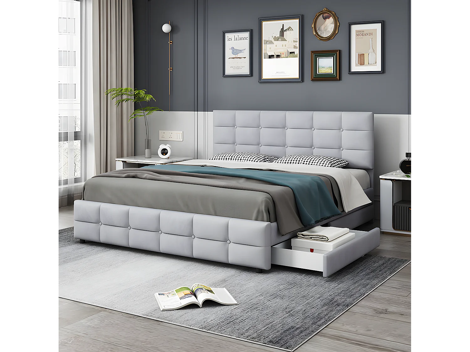 Lit avec tiroirs - 180 x 200 cm, Lit double avec 4 tiroirs - Gris - Sweiko